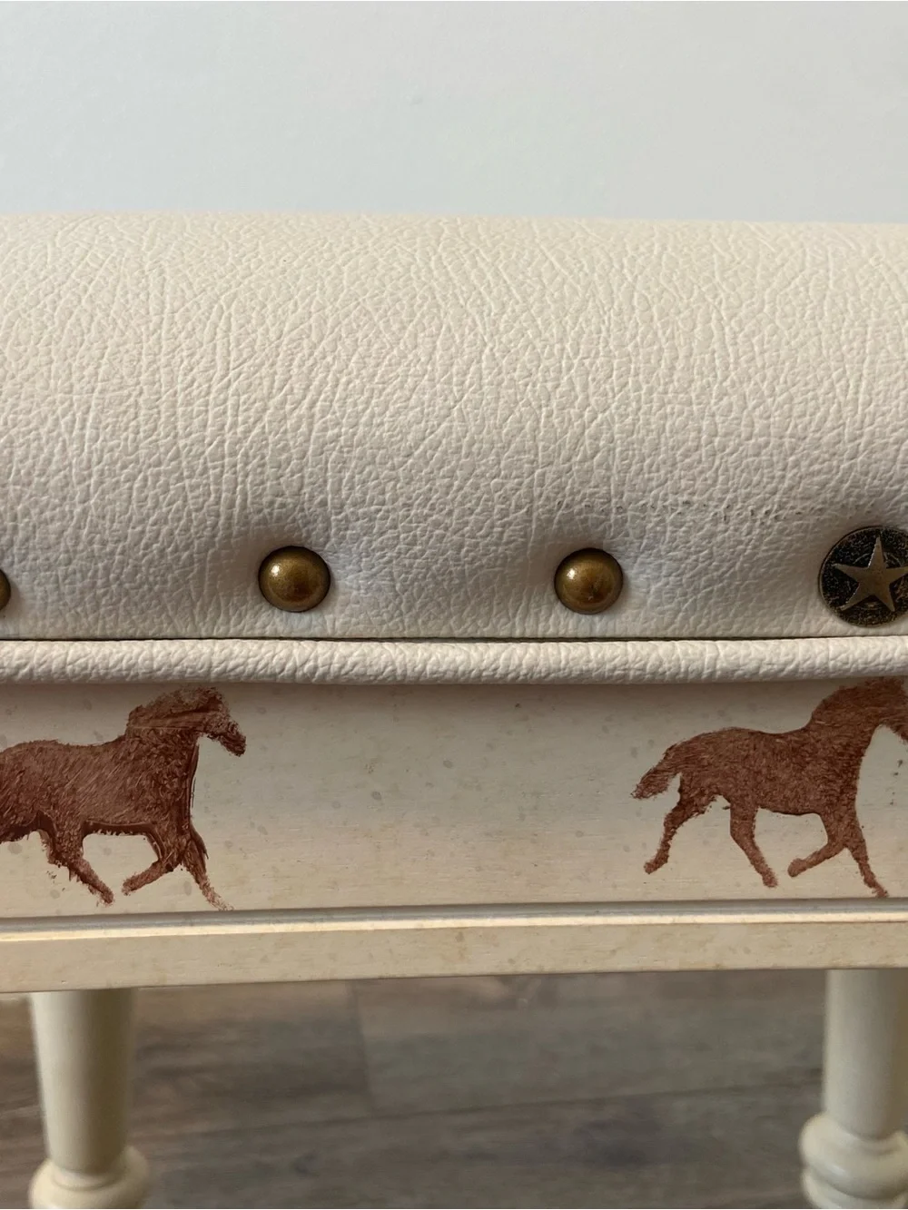 Rustic Western Vanity Stool Cowhide Leather Fringe Horse Accent Country Ottoman